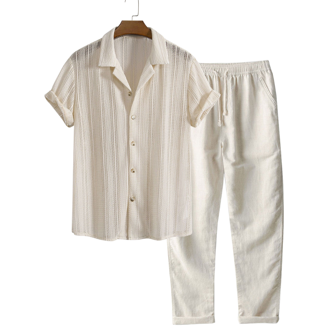 Herren Sommer Freizeitanzug Zweiteiler in Beige, luftig & bequem für warme Tage.