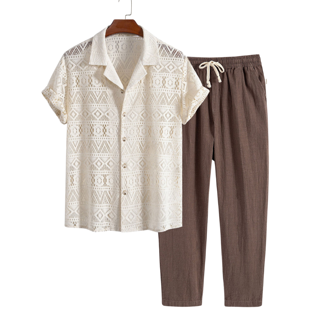 Herren Sommer Zweiteiler Set in Beige und Braun auf Kleiderbügel
