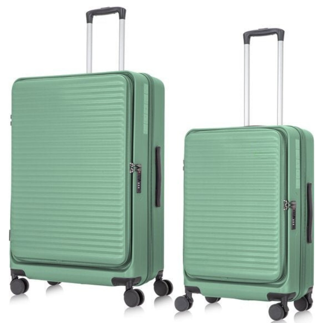 Praktisches Hartschalen-Kofferset, erweiterbar, mit Laptopfach für sichere Technik.