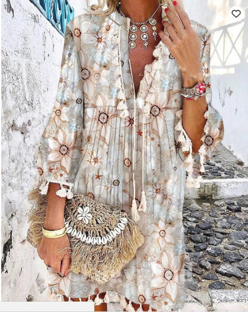 Damen Boho Kleid mit Quasten und Mehrfarbigem Muster