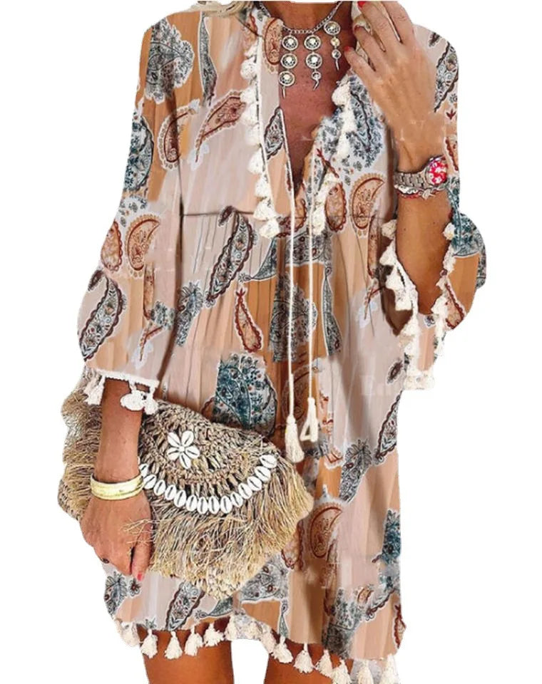 Damen Boho Kleid mit Quasten und Mehrfarbigem Muster