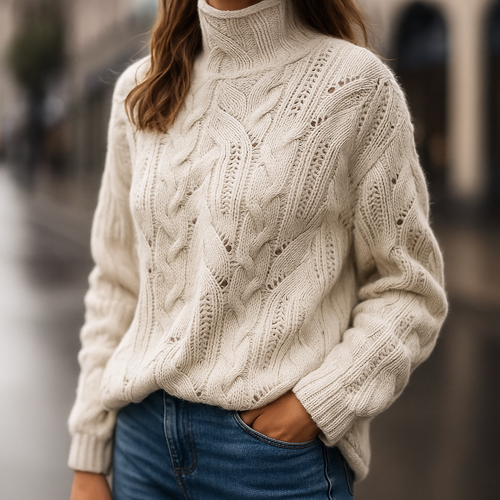 Damenmodell trägt den beigen Strickpullover mit Jeans