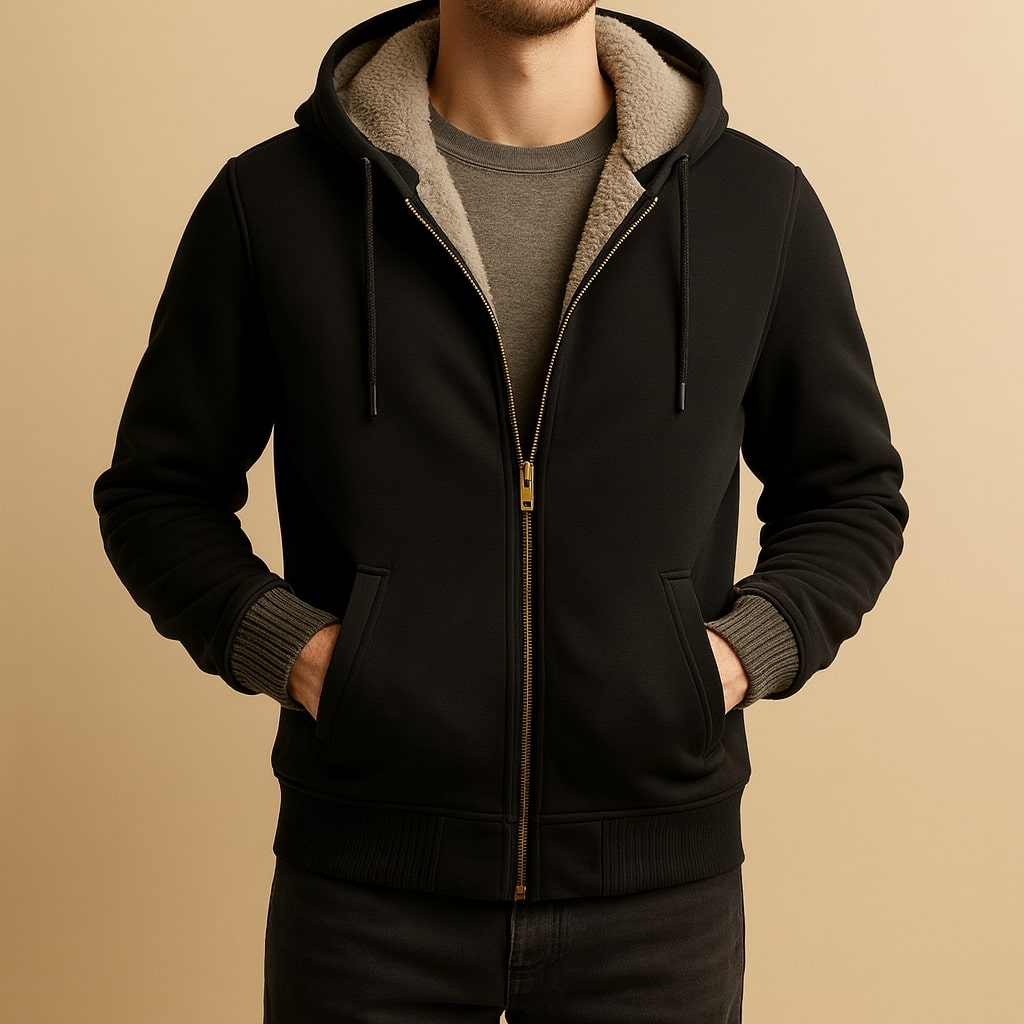 Stylische Herren Kapuzenjacke in Grau-Schwarz, ideal für Freizeit und Alltag.