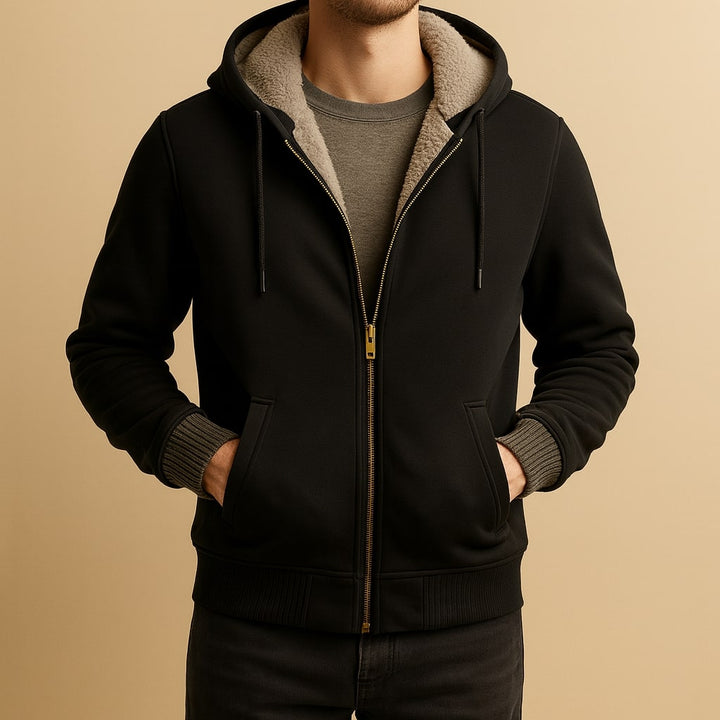 Stylische Herren Kapuzenjacke in Grau-Schwarz, ideal für Freizeit und Alltag.