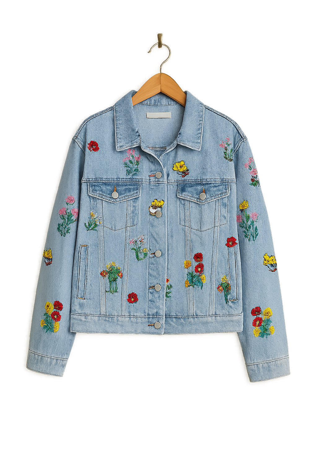 Lässige Damen Jeansjacke Oversize Schnitt mit bunten Blumen für den Alltag