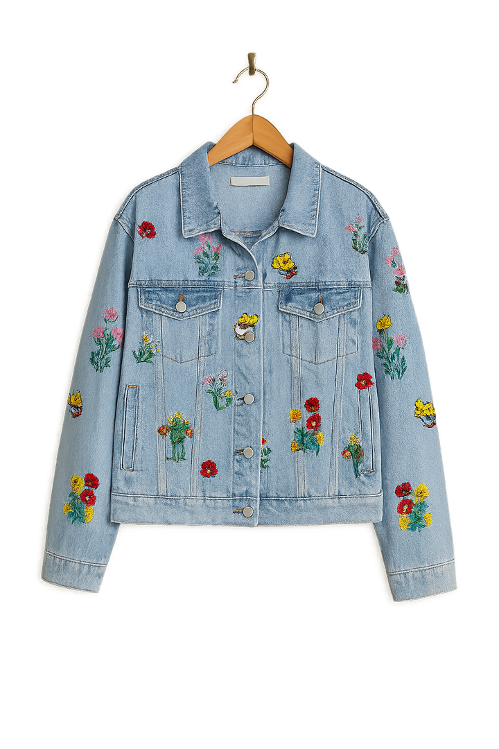 Lässige Damen Jeansjacke Oversize Schnitt mit bunten Blumen für den Alltag