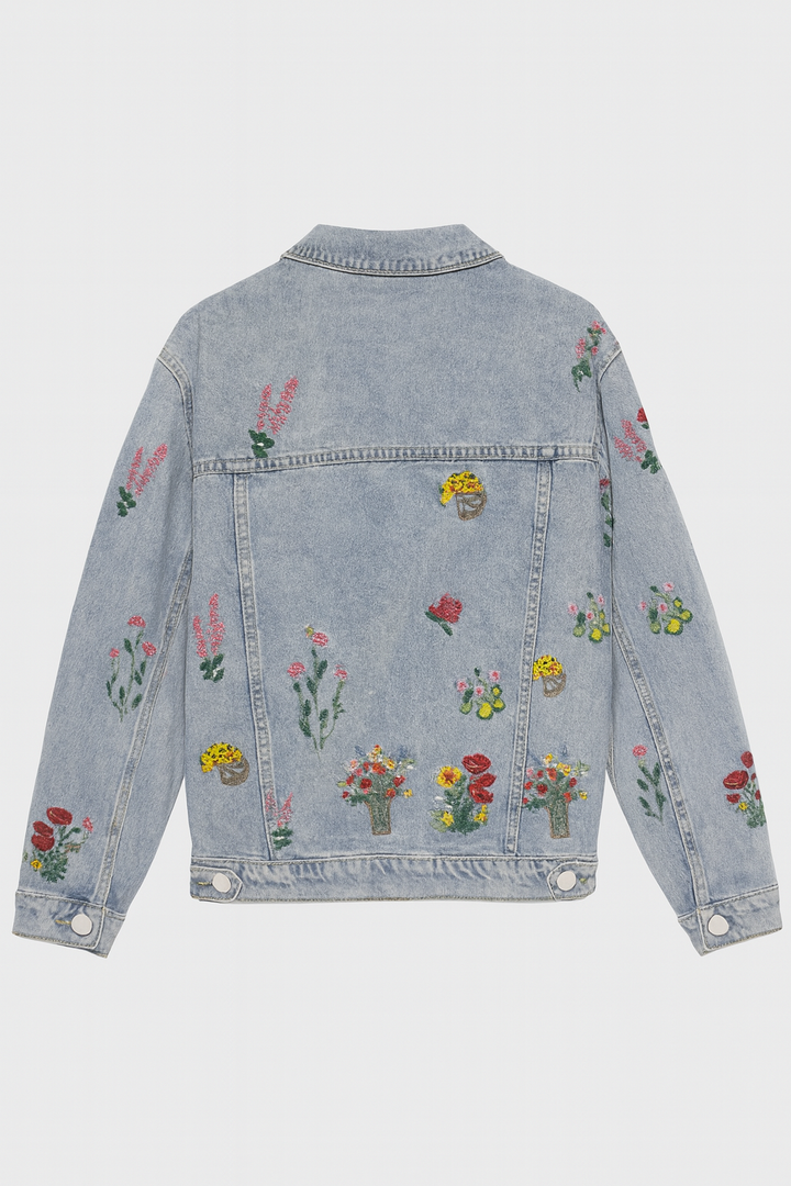 Modische Denim Übergangsjacke für Damen in Blau mit Blumen Stickerei Detail
