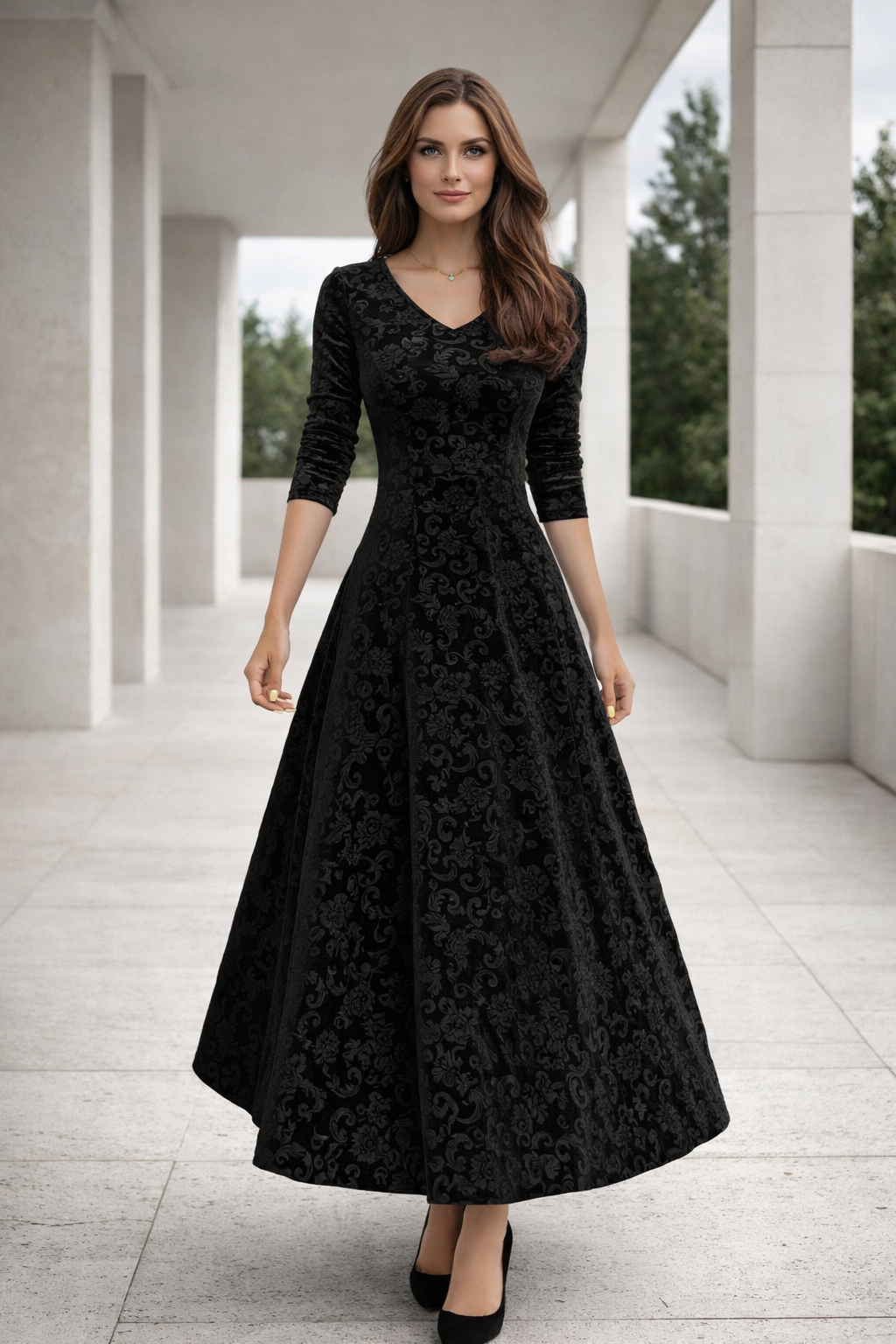 Damen Maxikleid in Schwarz mit V-Ausschnitt und Taillierung