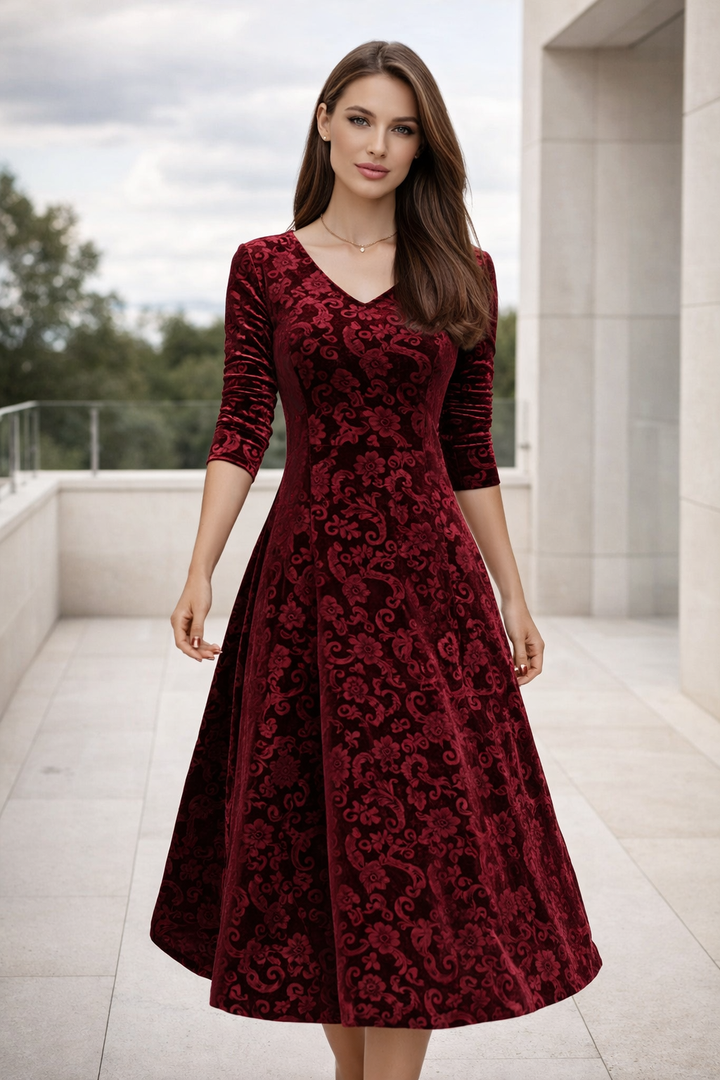Damen Maxikleid in Bordeaux mit V-Ausschnitt und elegantem Schnitt