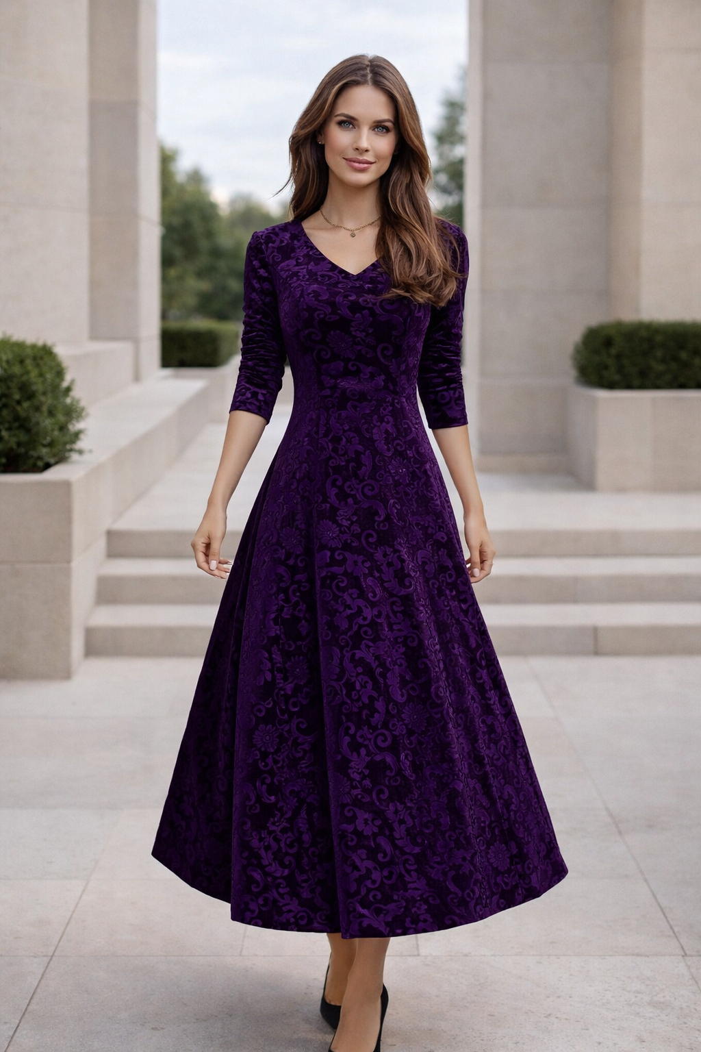 Damenkleid Detailansicht des V-Ausschnitts und der Textur