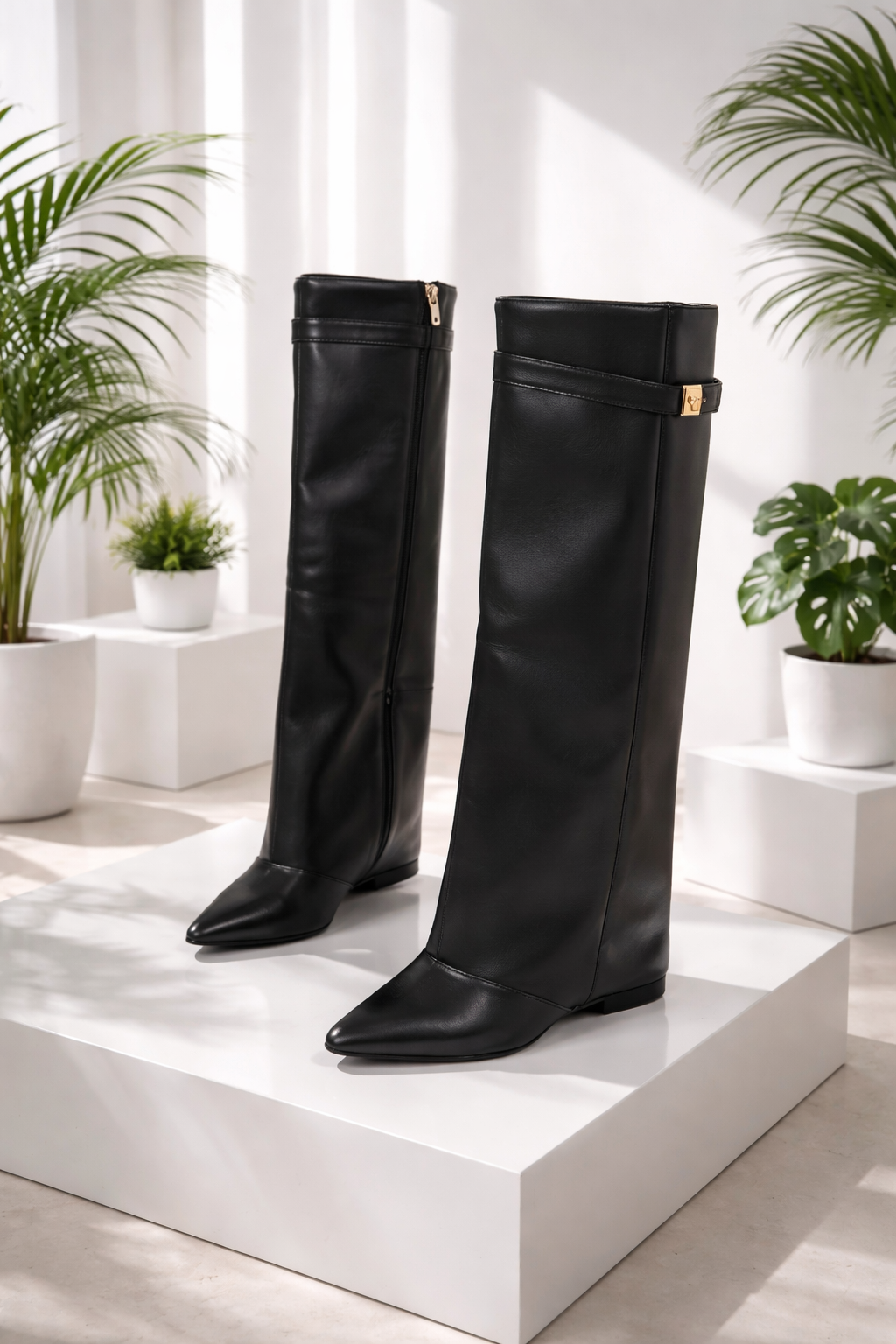 Paar elegante schwarze Damenstiefel auf einem Podest präsentiert