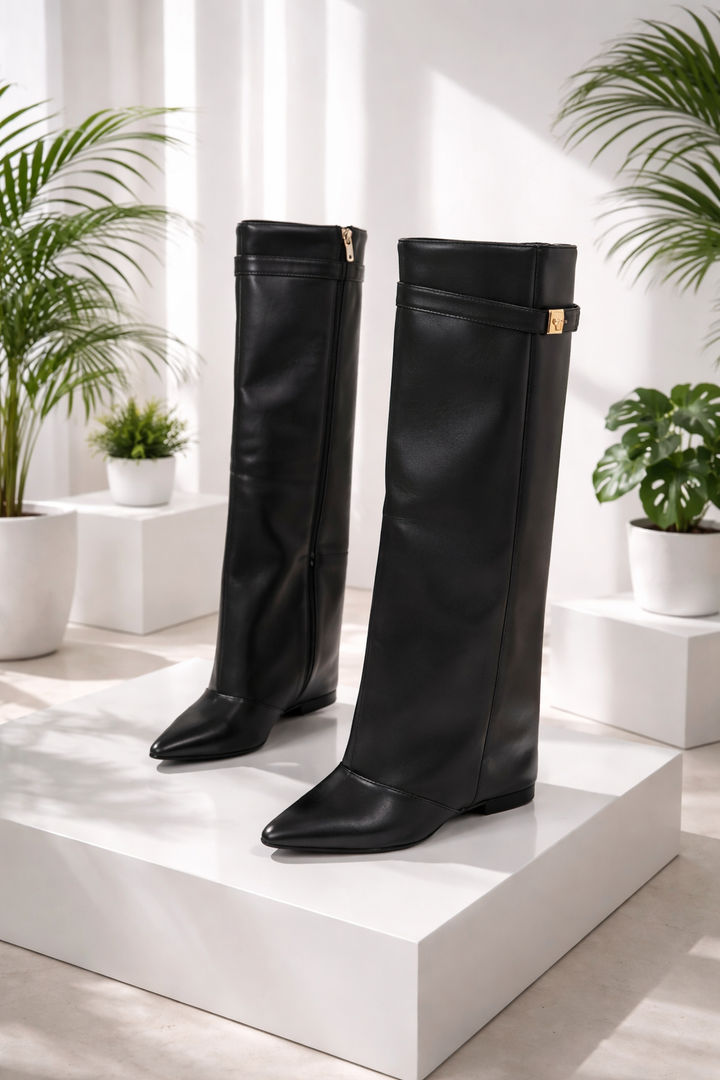 Paar elegante schwarze Damenstiefel auf einem Podest präsentiert