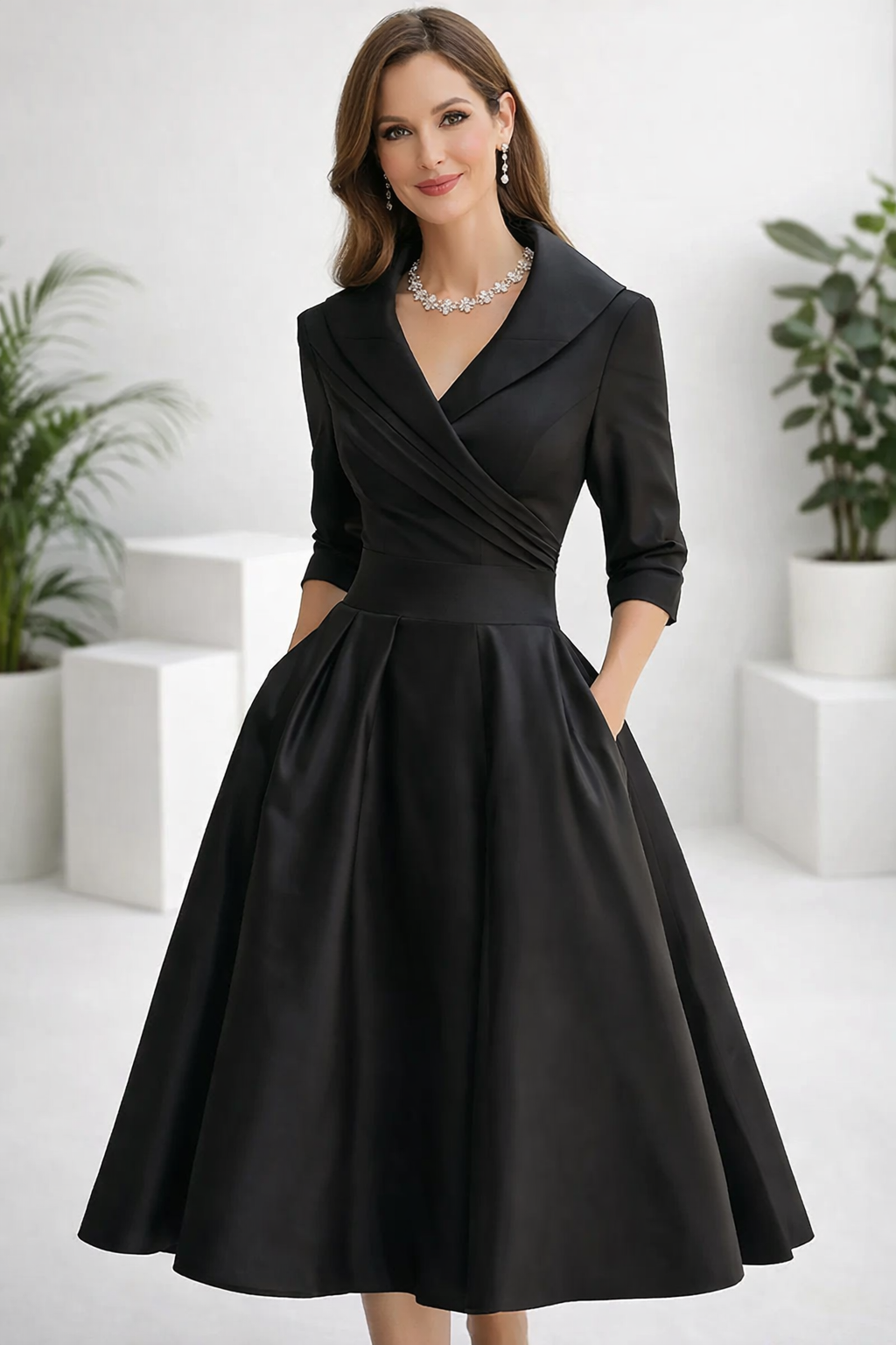 Damen Midikleid in Schwarz mit Schalkragen und A-Linien-Rock