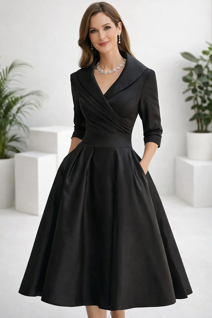 Damen Midikleid in Schwarz mit Schalkragen und A-Linien-Rock