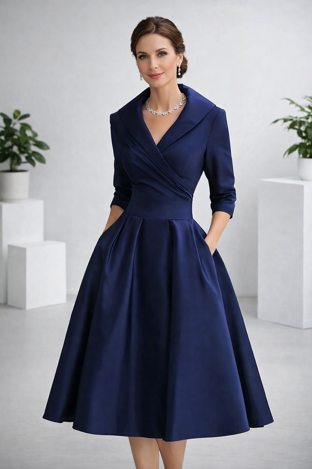 Damen Midikleid in Marineblau mit elegantem Wickelausschnitt