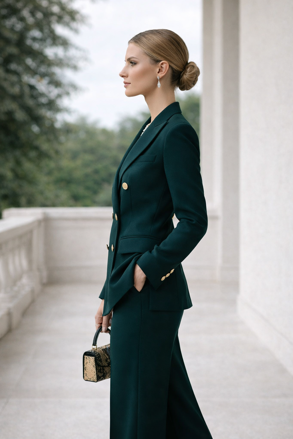 Damen Business Anzug in dunkler Farbe mit Blazer in Seitenansicht