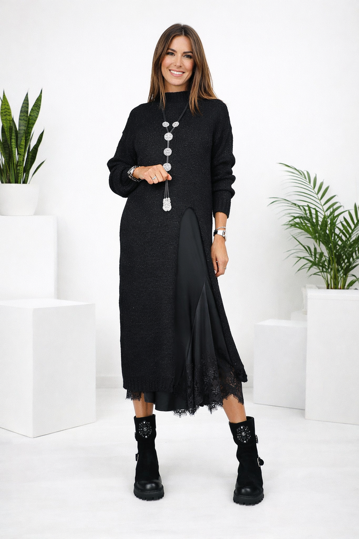 Damen zweiteiliges Set in Schwarz mit Strickpullover und fließendem Unterkleid
