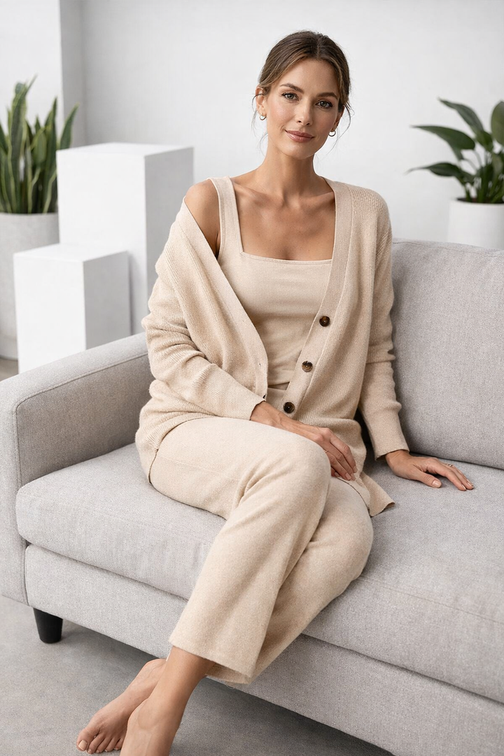 Damen 3-teiliges Lounge Set in Khaki sitzend auf einem Sofa