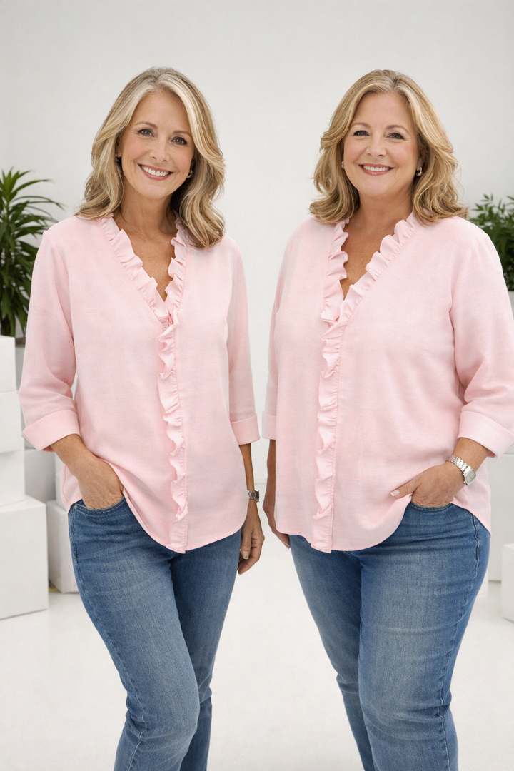 Elegante Damenbluse mit Rüschen, V-Ausschnitt und Langarm für Freizeit und Büro