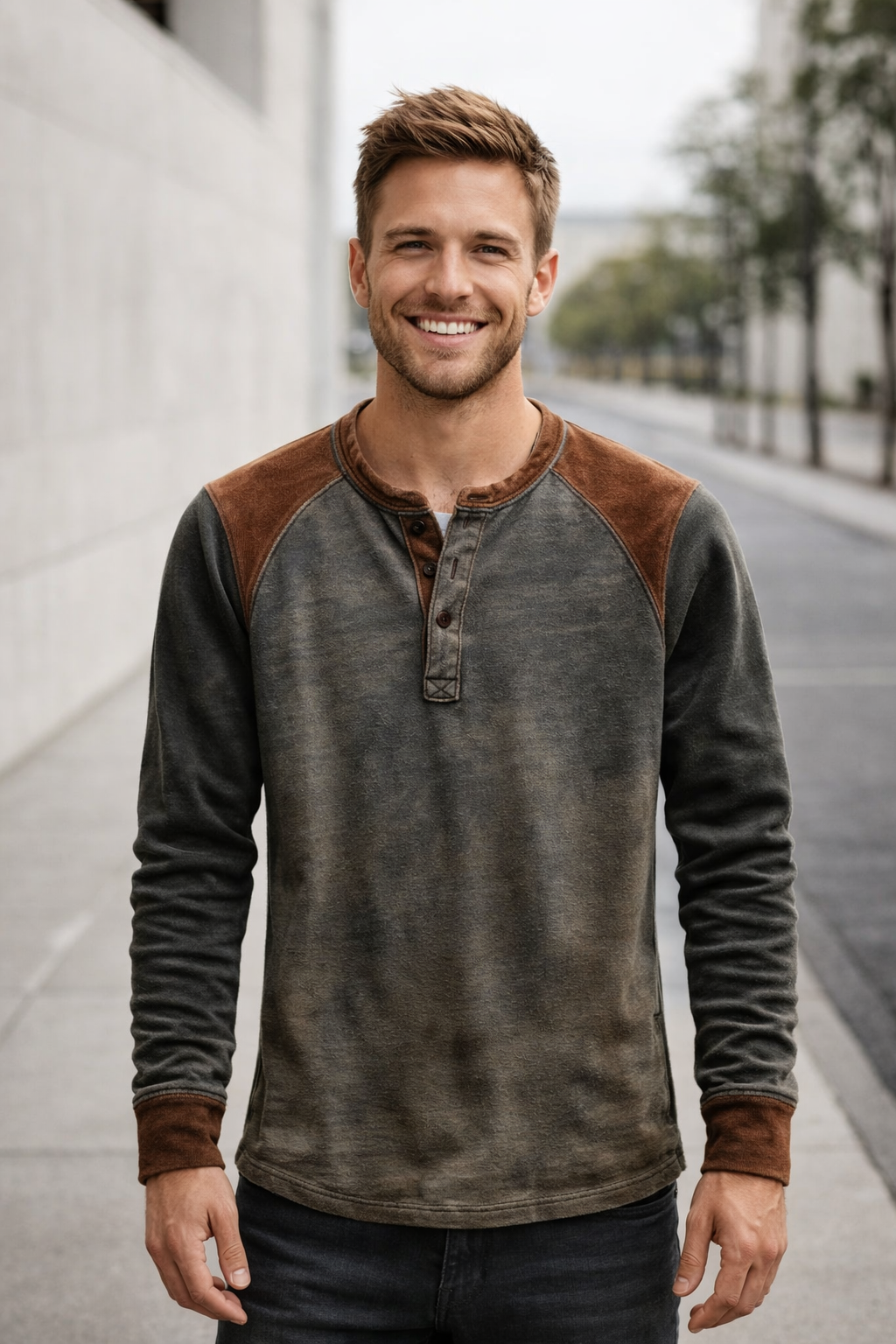 Nahaufnahme des lässigen Herren Langarmshirts mit Knopfleiste