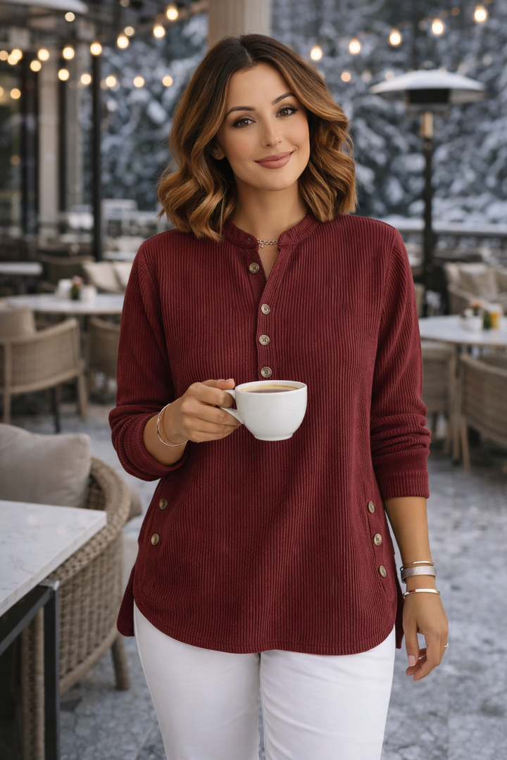 Damen Henley Langarmshirt in Ziegelrot mit langen Ärmeln und Knopfleiste