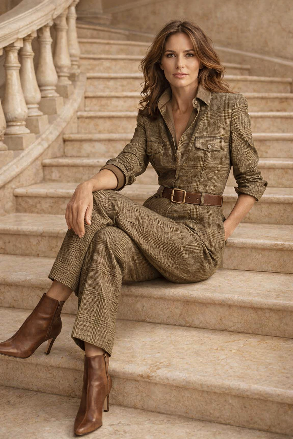 Eleganter Damen Jumpsuit in Armeegrün mit Knöpfen und Taillierung für einen stilvollen Overall Look.