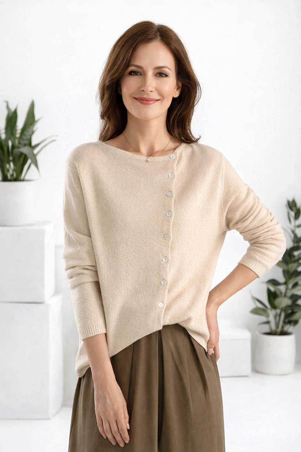 Elegante Damen Strickjacke in Beige mit langen Ärmeln