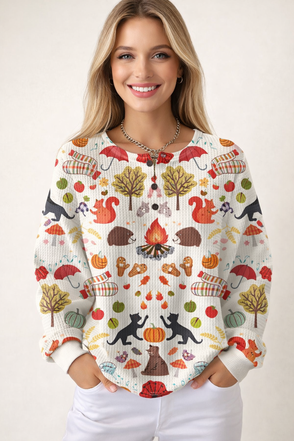 Damen Langarm Pullover mit Herbst-Muster in Terra vorne getragen