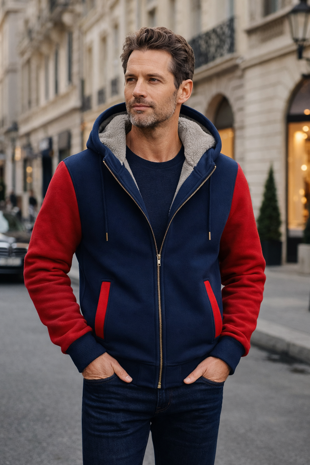 Nahaufnahme eines Mannes in stylischer dunkelblau-roter Herren Kapuzenjacke mit Reißverschluss.