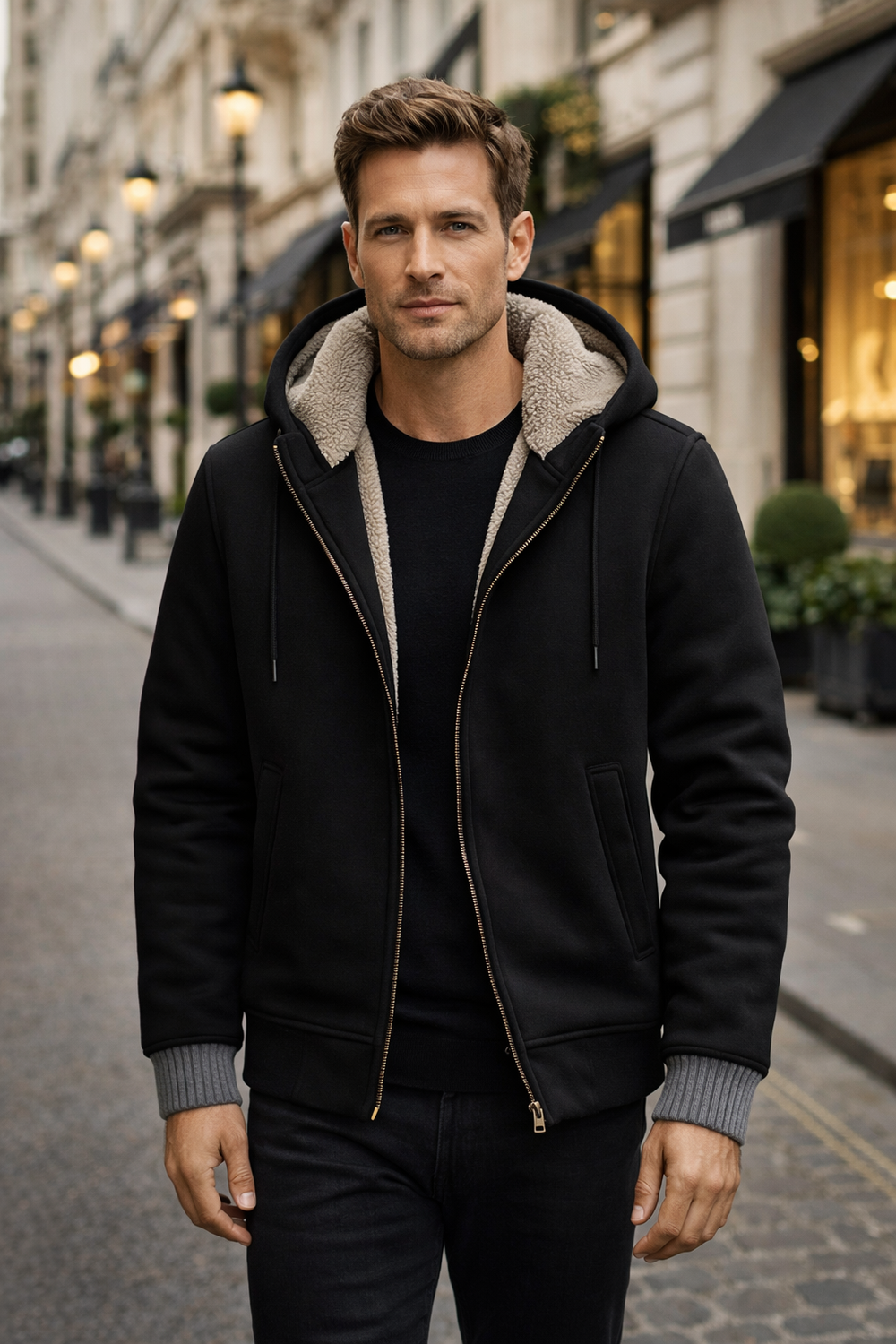 Lässiger Look: Mann trägt eine bequeme Herrenjacke mit Kapuze und roten Ärmeln in urbaner Umgebung.