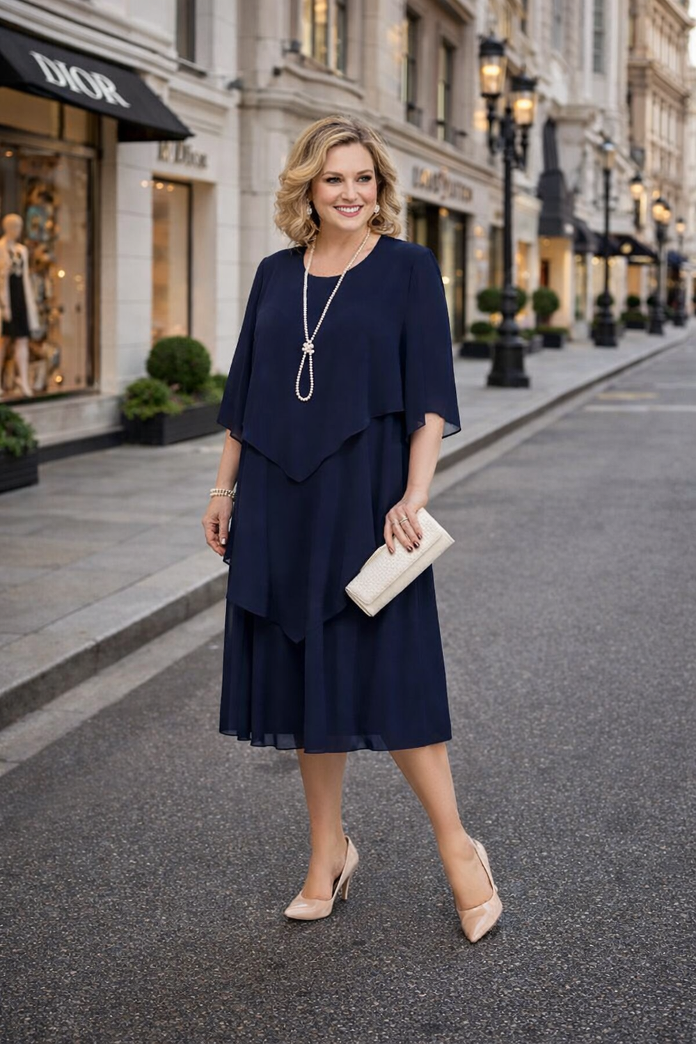 Damen Midikleid in Marineblau mit fließender Passform