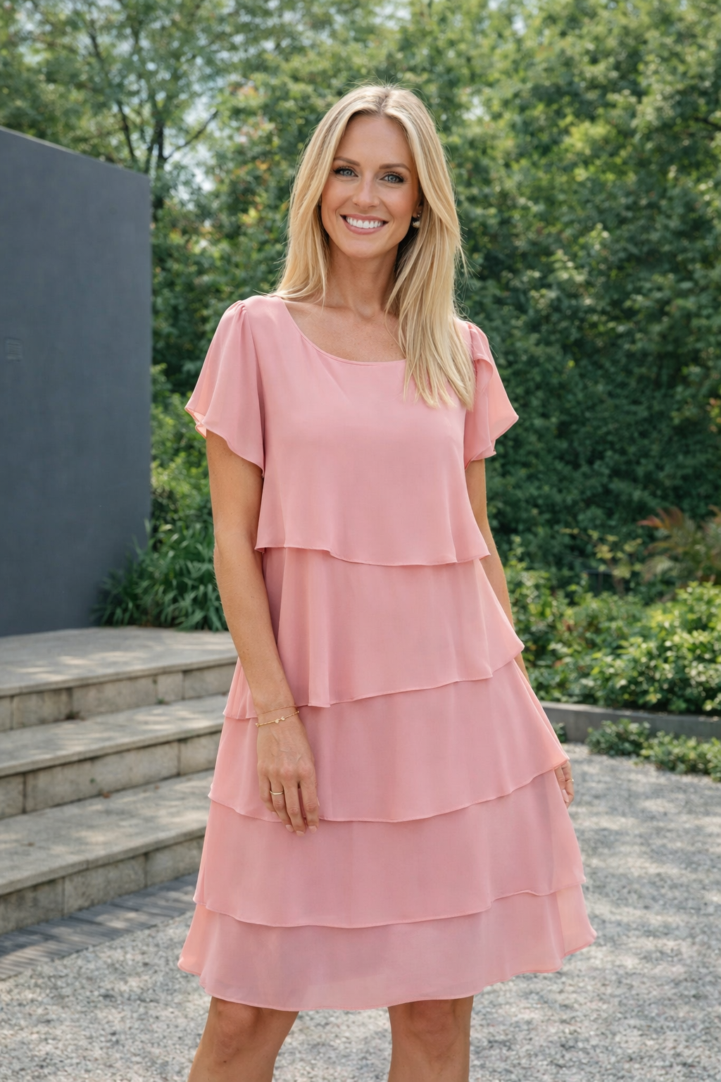 Damen in einem rosa Rüschenkleid mit lockerer Passform