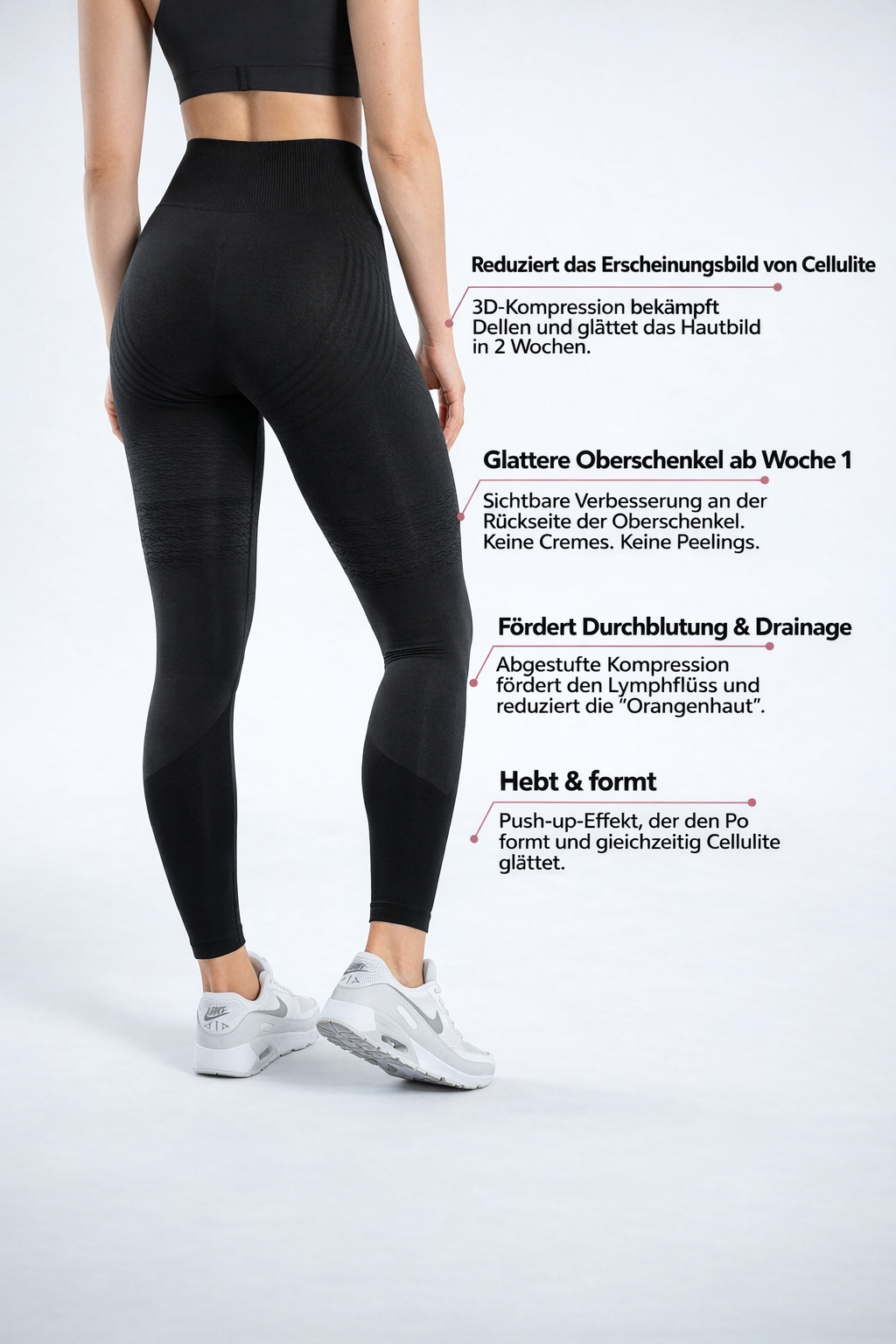 Rückenansicht einer Frau in schwarzer Kompressions Leggings, die den Po hebt und das Hautbild glättet