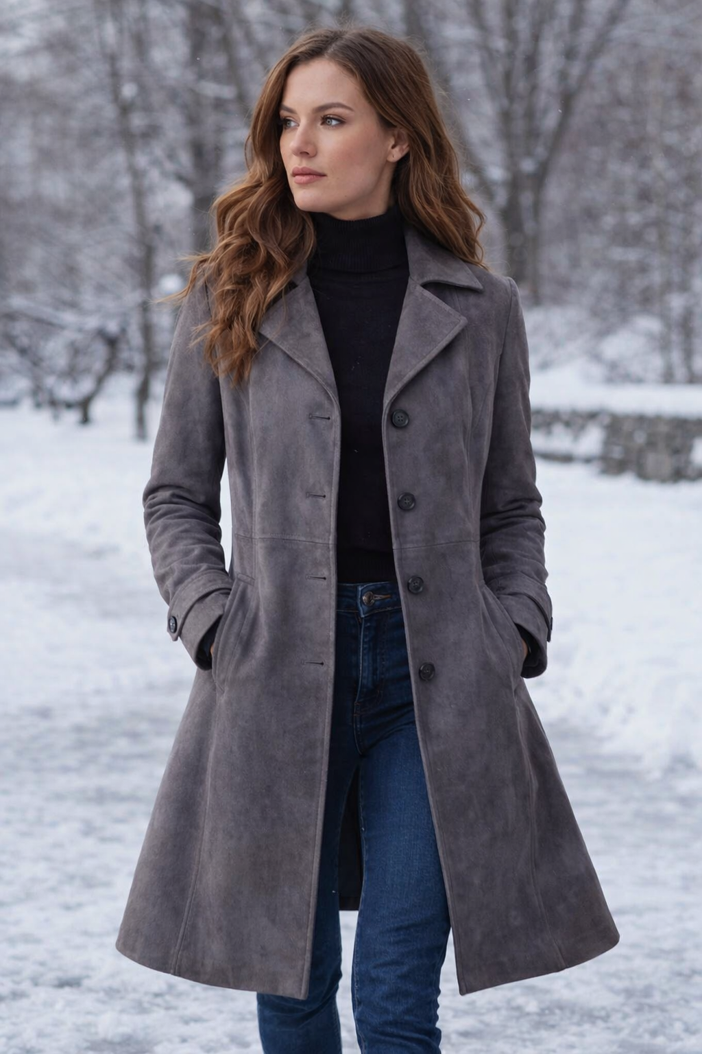 Details des weichen Wildlederoptik-Stoffs und der Nähte am braunen Mantel.