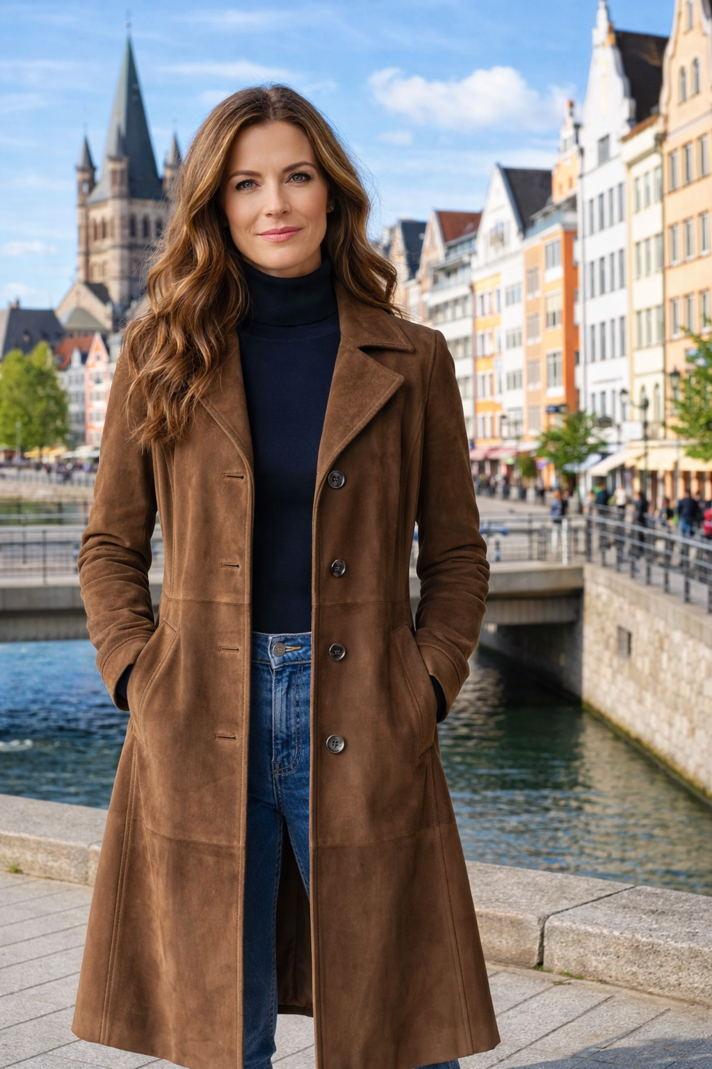 Elegante Frau in braunem Damenmantel in Wildlederoptik an Flussufer in Stadt.
