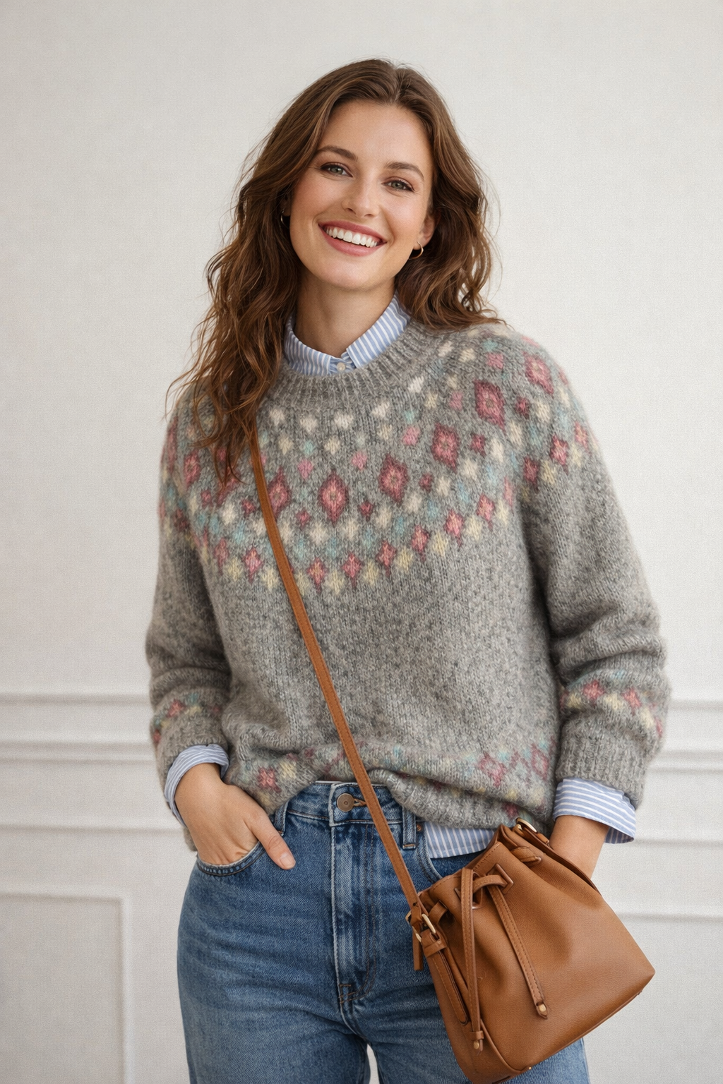 Damen Strickpullover in grau mix mit Rautenmuster und brauner Umhängetasche