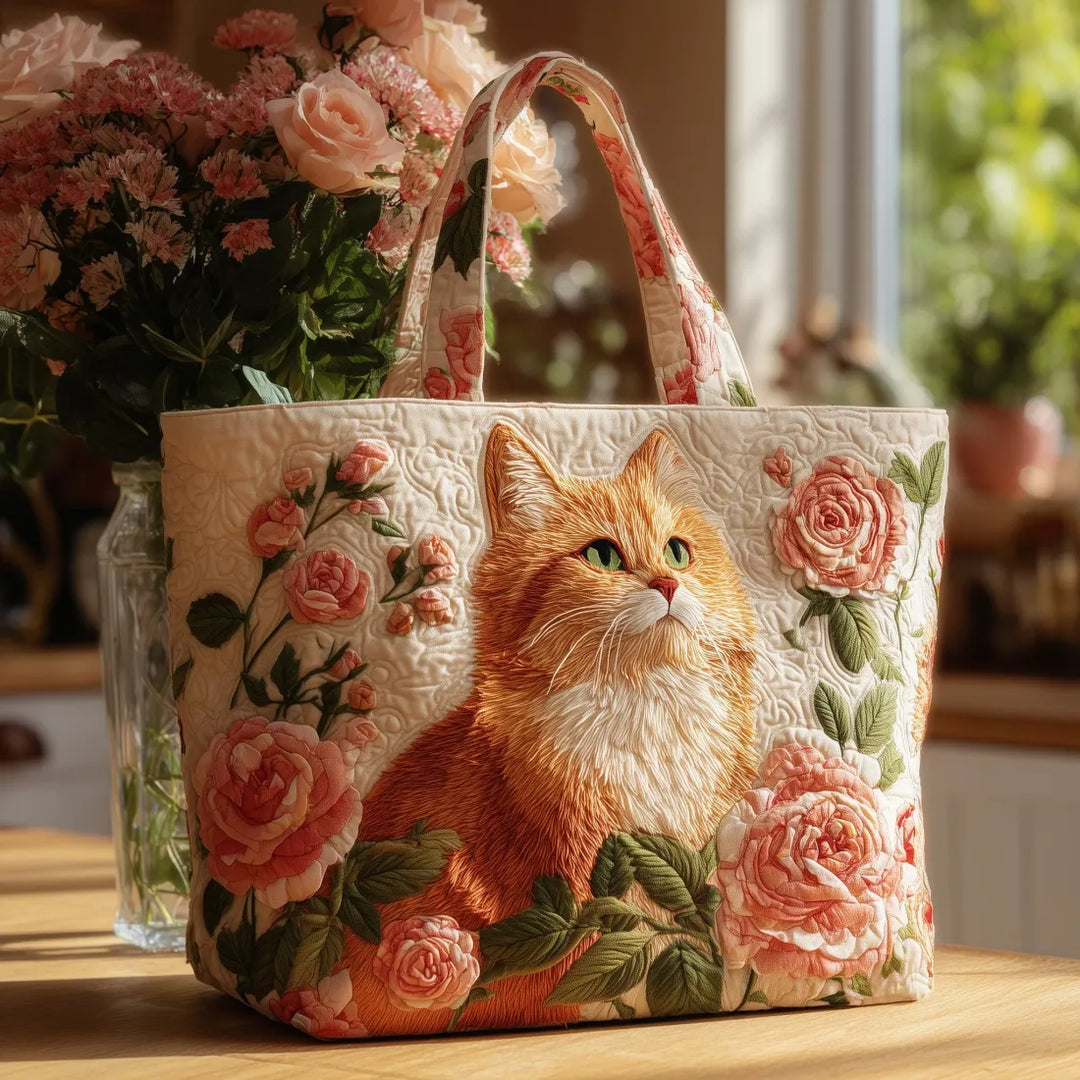 Handgefertigte Damen Tragetasche mit roter Katze und rosa Rosen