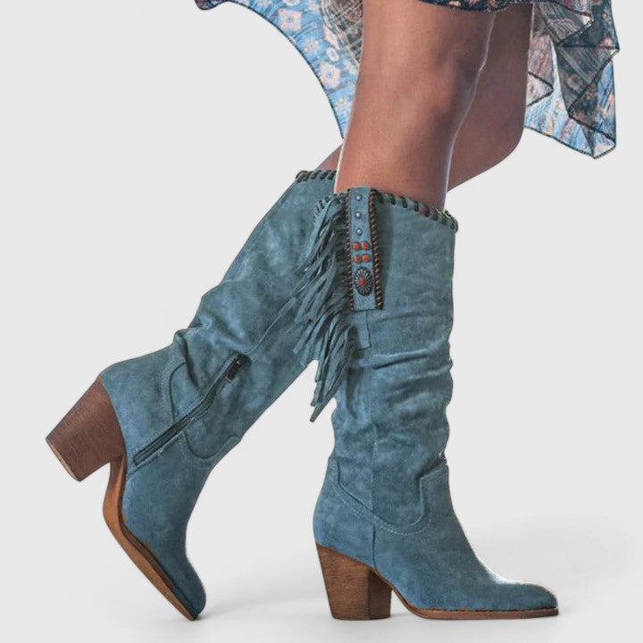 Elegante Vintage Damenstiefel mit Schnürung und seitlichem Reißverschluss. Bequeme und rutschfeste Freizeitstiefel.