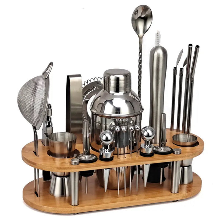 "23-teiliges Bartender-Set aus Edelstahl, vielseitig und hochwertig, mit Shaker, Jigger und Zubehör für Cocktails."