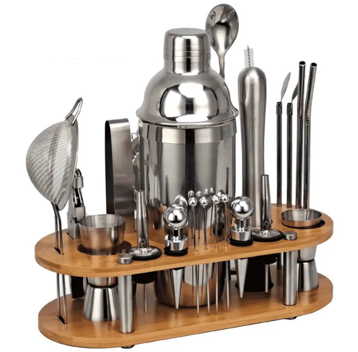 "23-teiliges Bartender-Set aus Edelstahl, vielseitig und hochwertig, mit Shaker, Jigger und Zubehör für Cocktails."