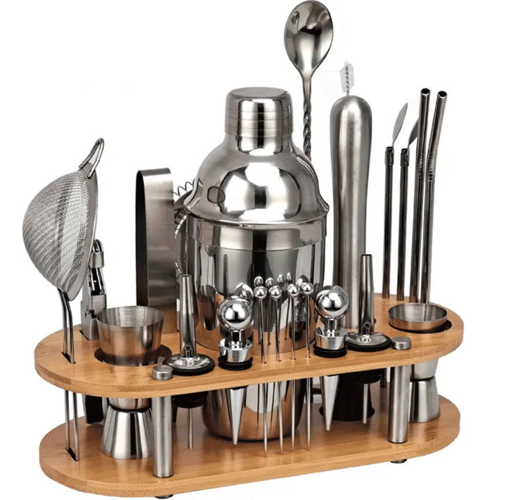 "23-teiliges Bartender-Set aus Edelstahl, vielseitig und hochwertig, mit Shaker, Jigger und Zubehör für Cocktails."