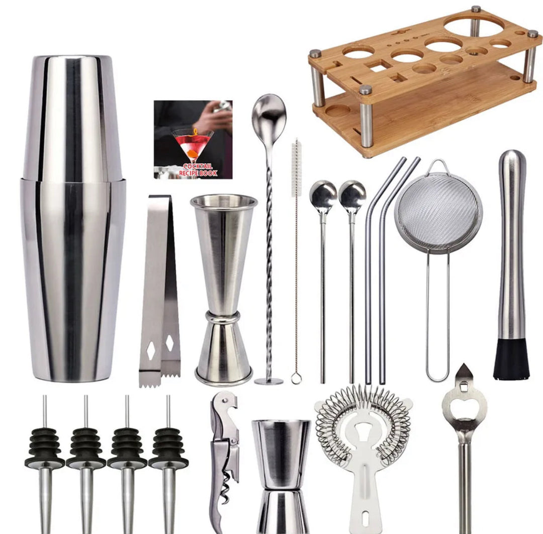 "23-teiliges Bartender-Set aus Edelstahl, vielseitig und hochwertig, mit Shaker, Jigger und Zubehör für Cocktails."