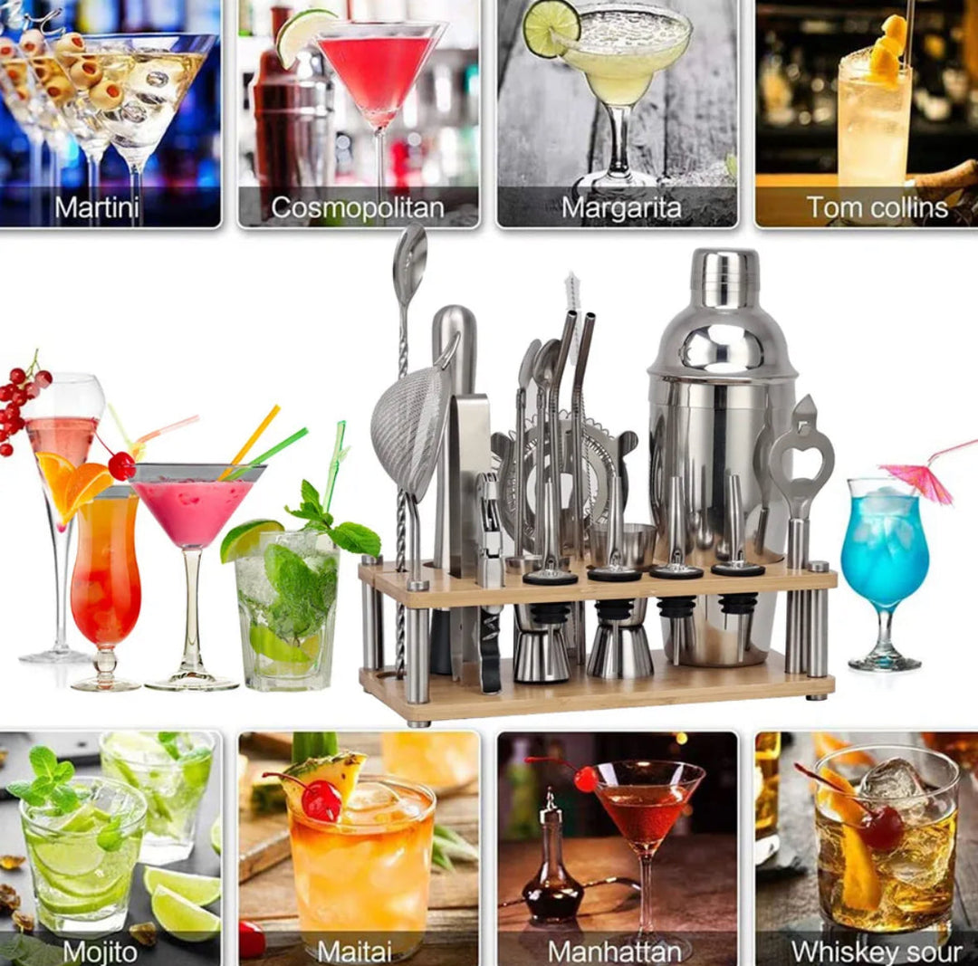 "23-teiliges Bartender-Set aus Edelstahl, vielseitig und hochwertig, mit Shaker, Jigger und Zubehör für Cocktails."