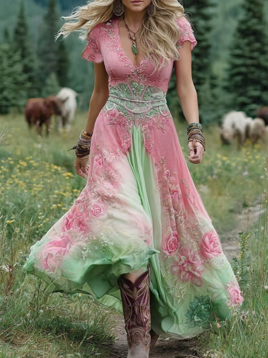 Damen Maxikleid, Blumenkleid mit floraler Stickerei, V-Ausschnitt und Kurzarm. Fließend und elegant für den Sommer.