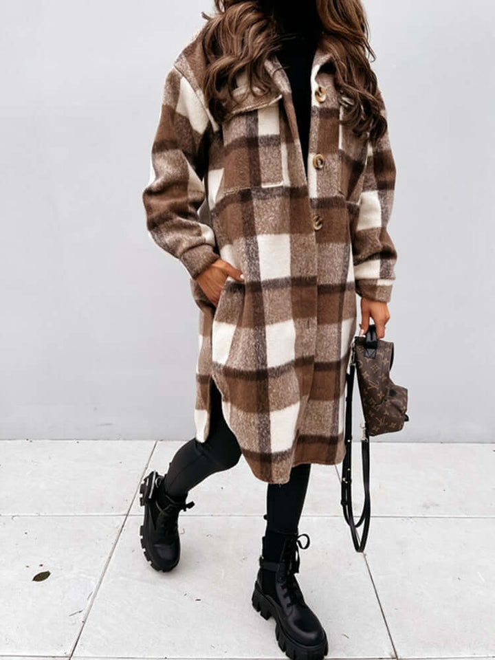 Damen Oversized Karo-Jacke: Langer Mantel