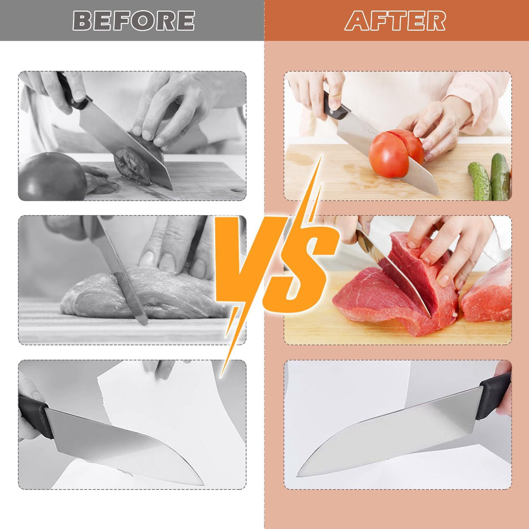 Vorher-Nachher-Vergleich Messer, schneidet Tomaten und Fleisch, scharfes Küchenmesser.