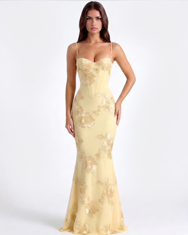 Damen Maxikleid buttergelb, festlich mit Blumen für Hochzeiten und Gala. Figurbetont und elegant.