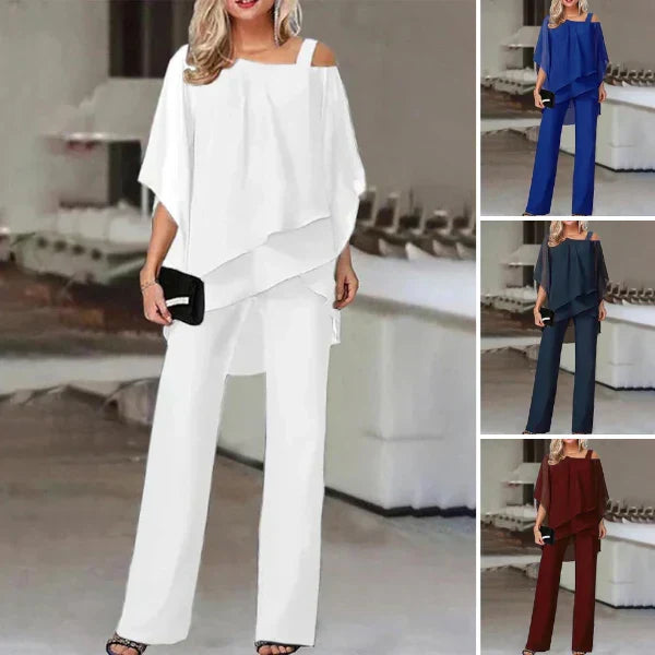 Stilvolles Abendmode Zweiteiler Outfit für Damen in ganzer Länge präsentiert