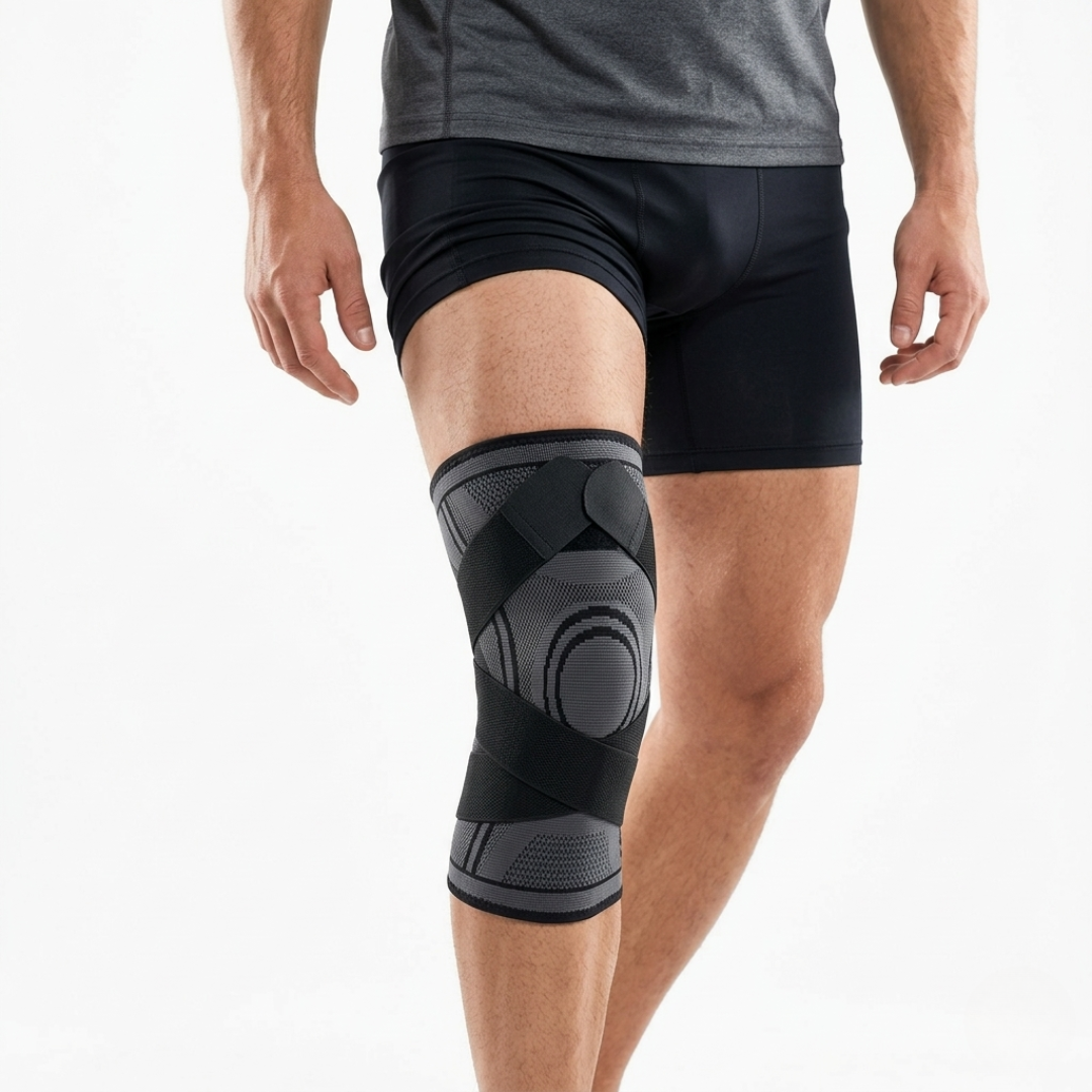 Unisex Sport Kniebandage in Schwarz am Bein getragen