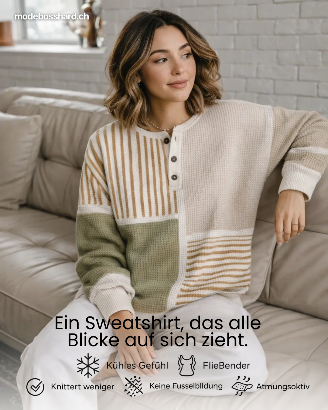 Gemütliches Damen Sweatshirt mit Muster und Knopfleiste im Detail für Freizeitmode
